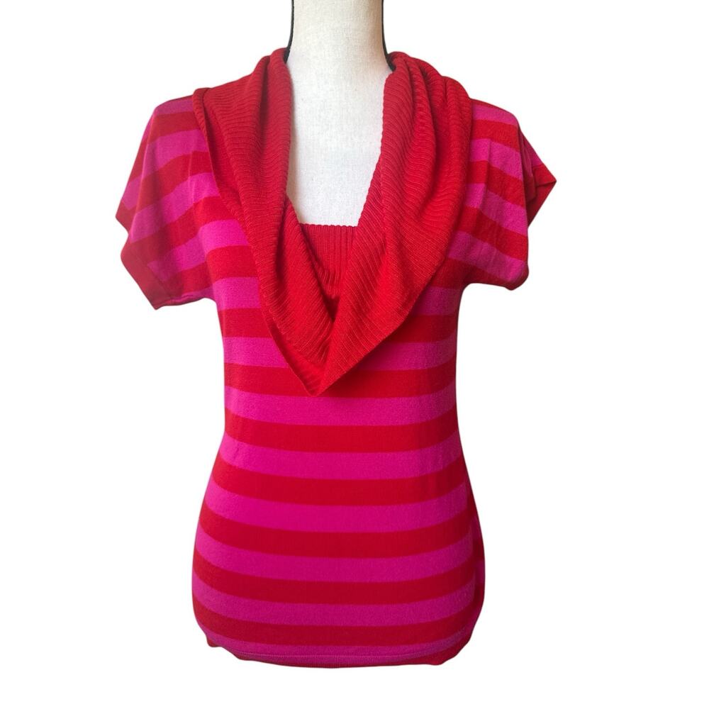 Express Women's M Tops Stripped‎ Red Pink Body Hug Cowl Neck Y2K Short Sleeve